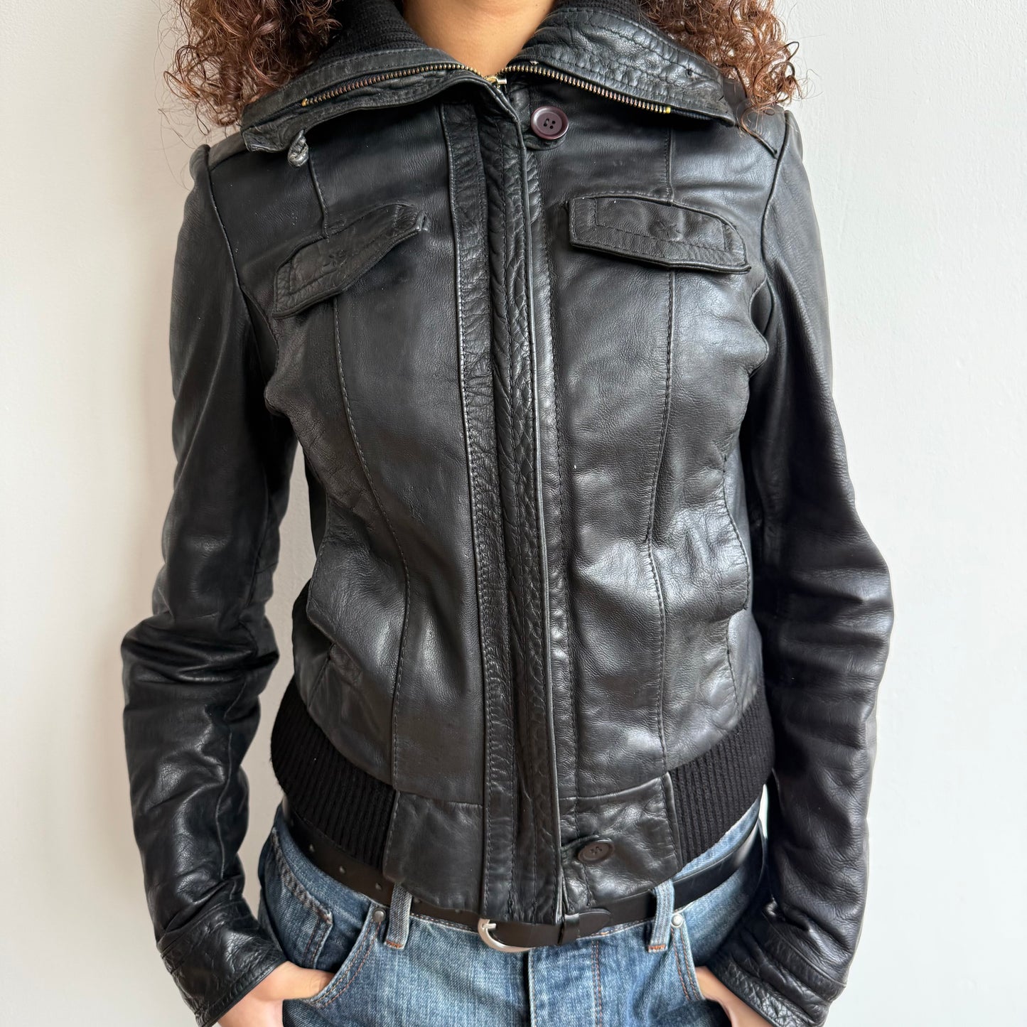 Black leather cargo jacket - Size S/M