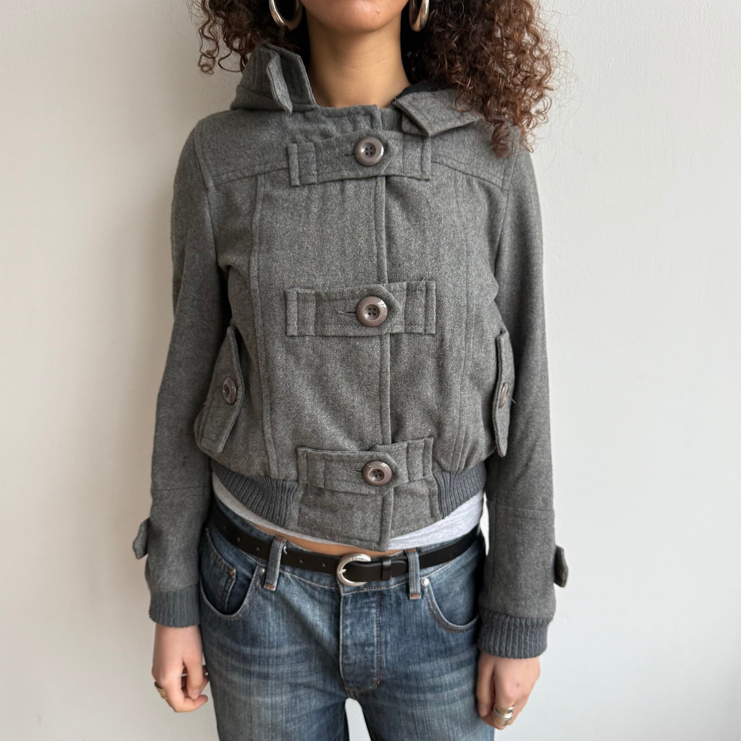 Grey button front hooded bomber - Size S/M