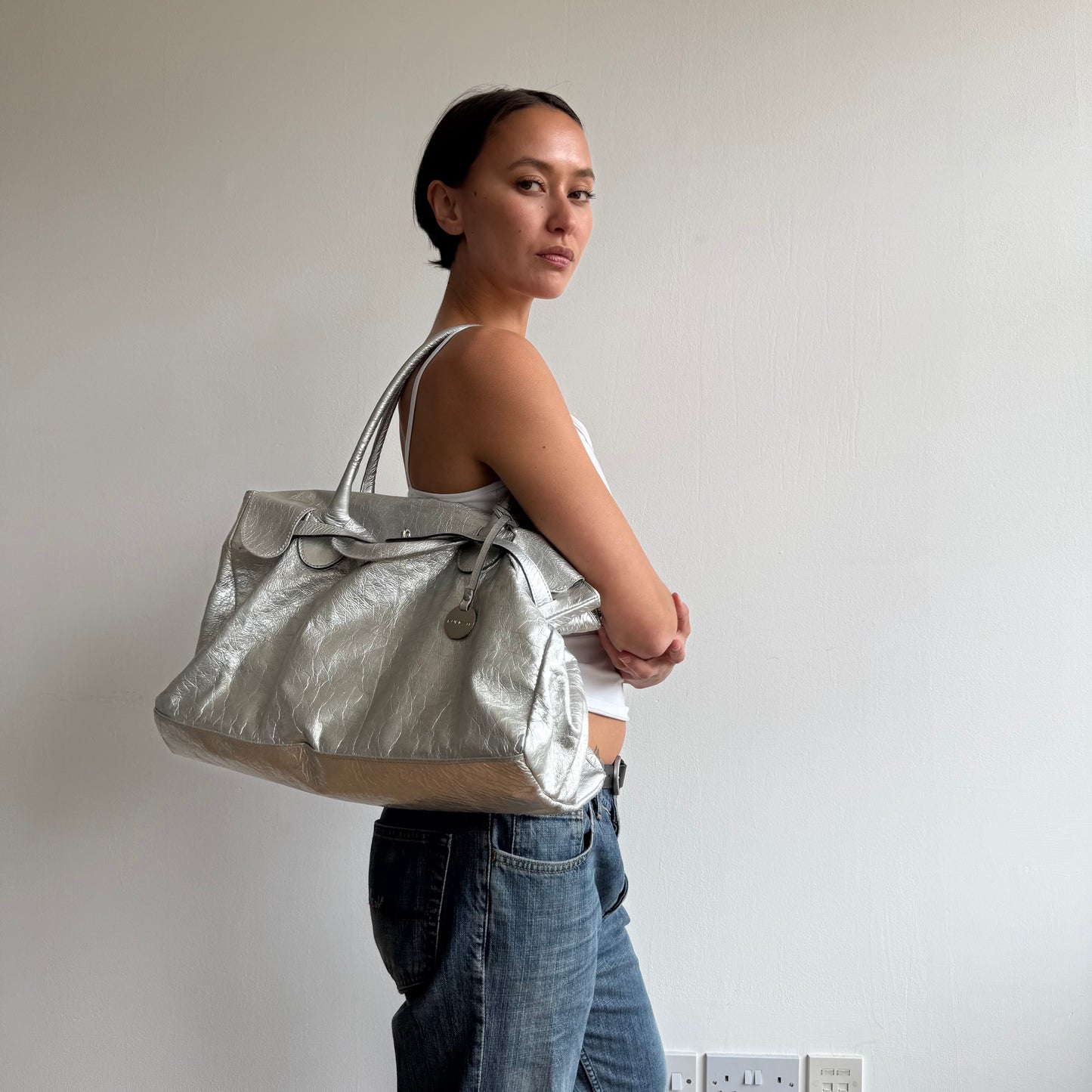 Silver leather ‘firkin’ bag - One Size