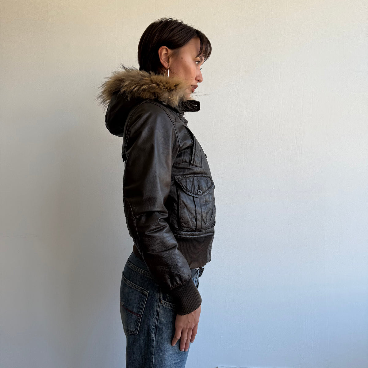 Brown leather fur hood bomber - Size S/M