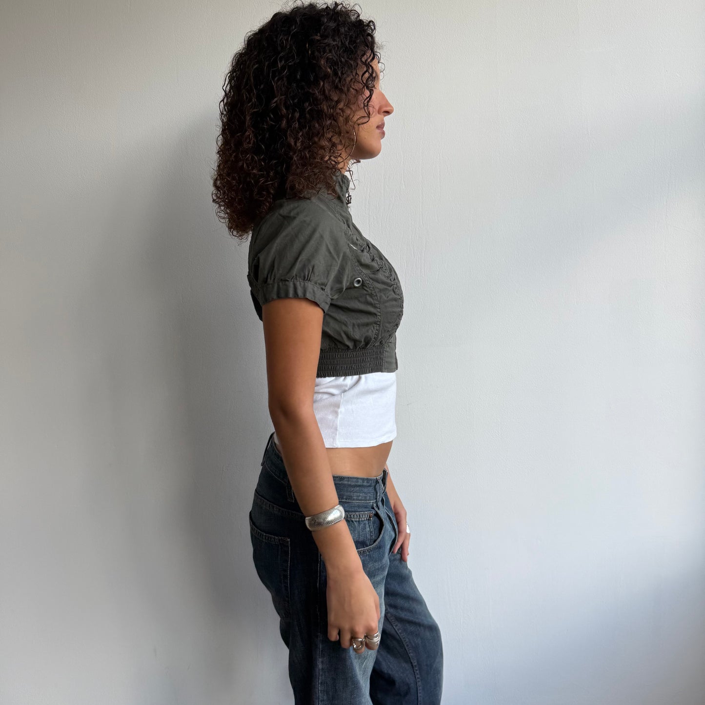 Khaki cropped ruched jacket - Size S