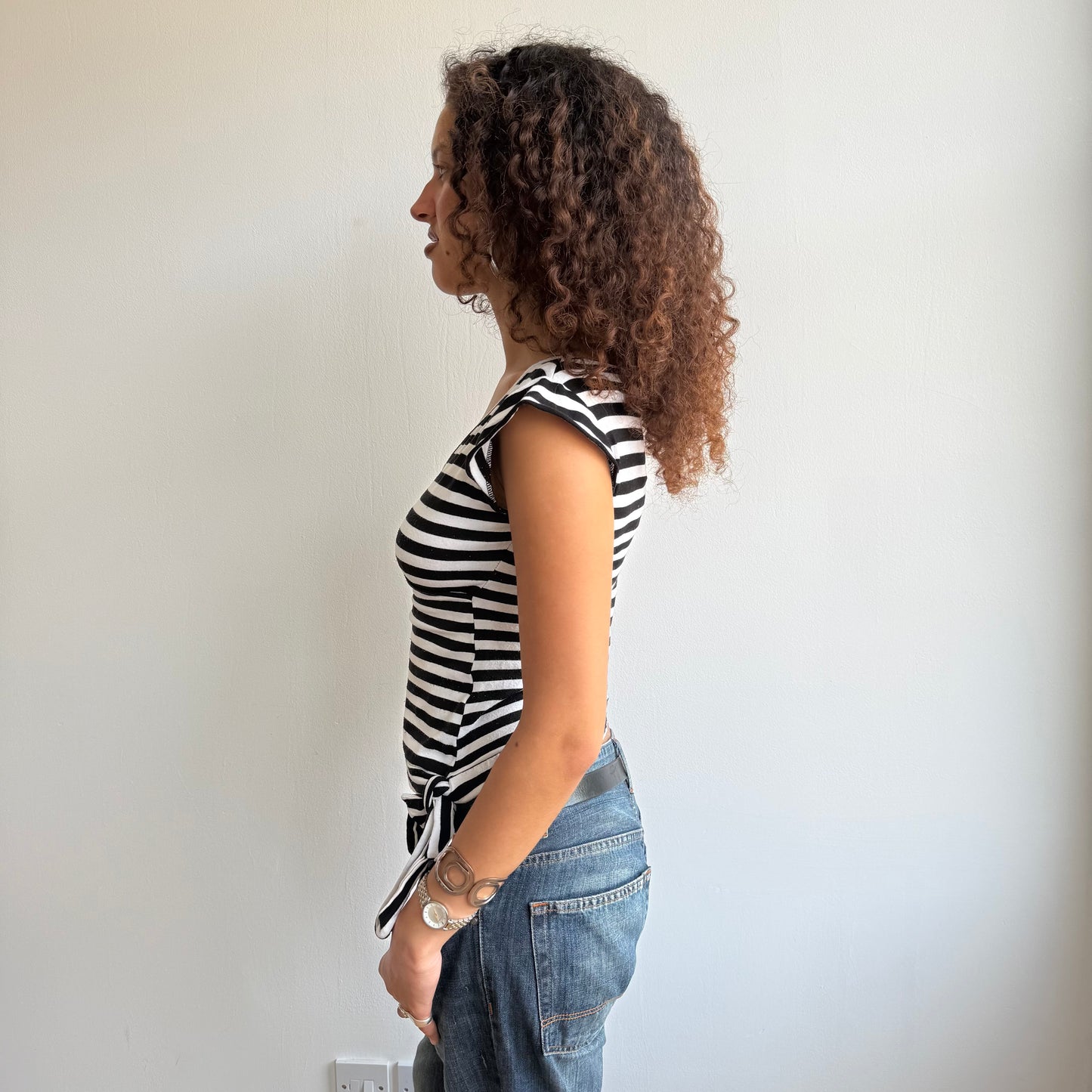 Black and white striped wrap top - Size M