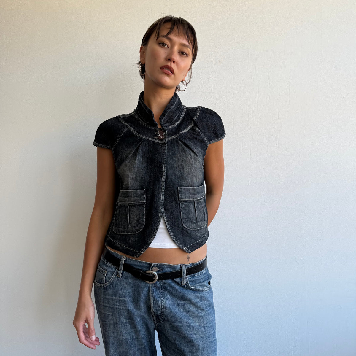 Dark denim short sleeve peacoat - Size S