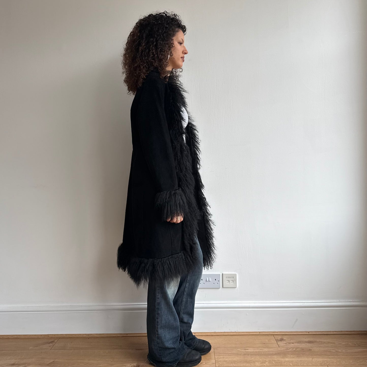 Black fur trim afghan coat - Size S/M