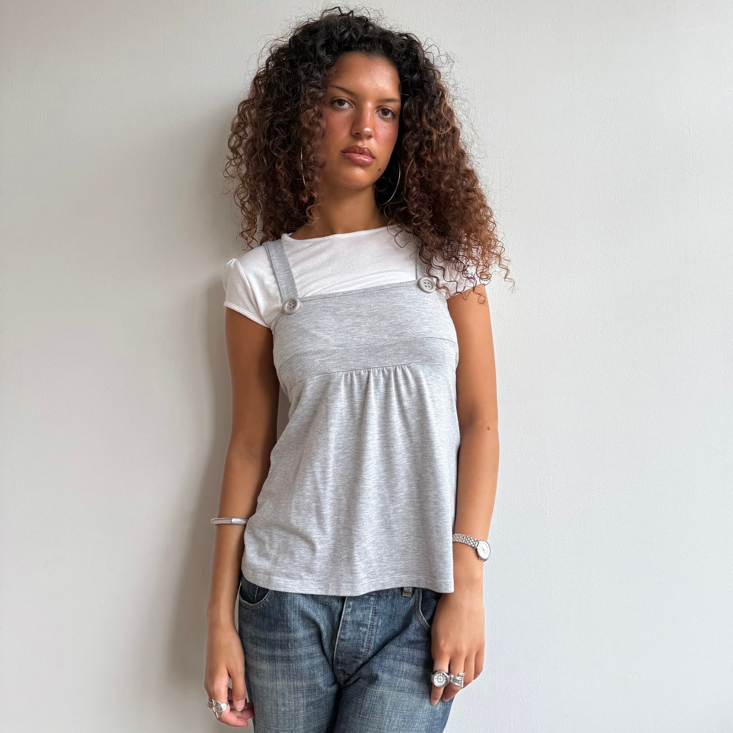 Grey + white dungaree top - Size M