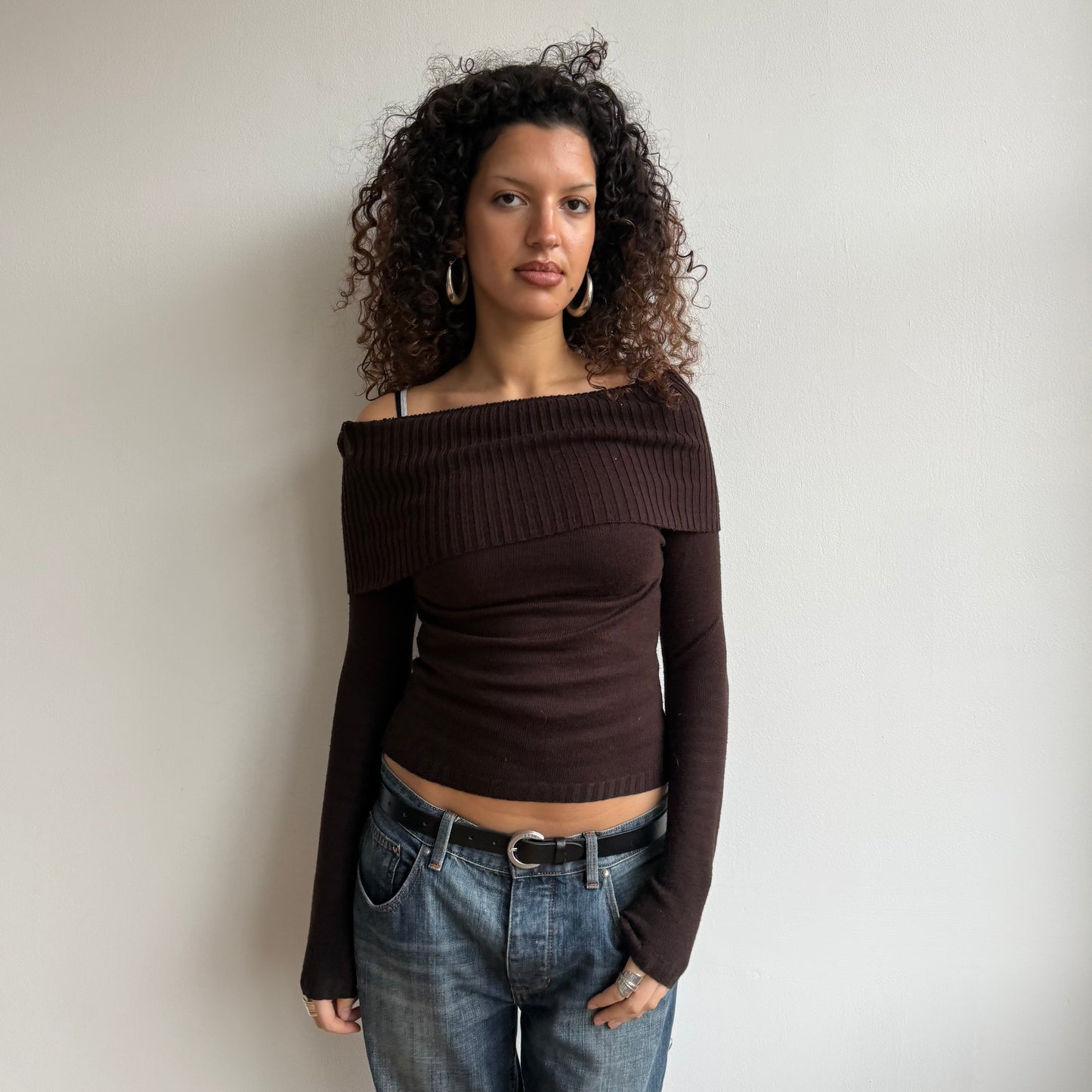 Brown Bardot knit jumper - Size S