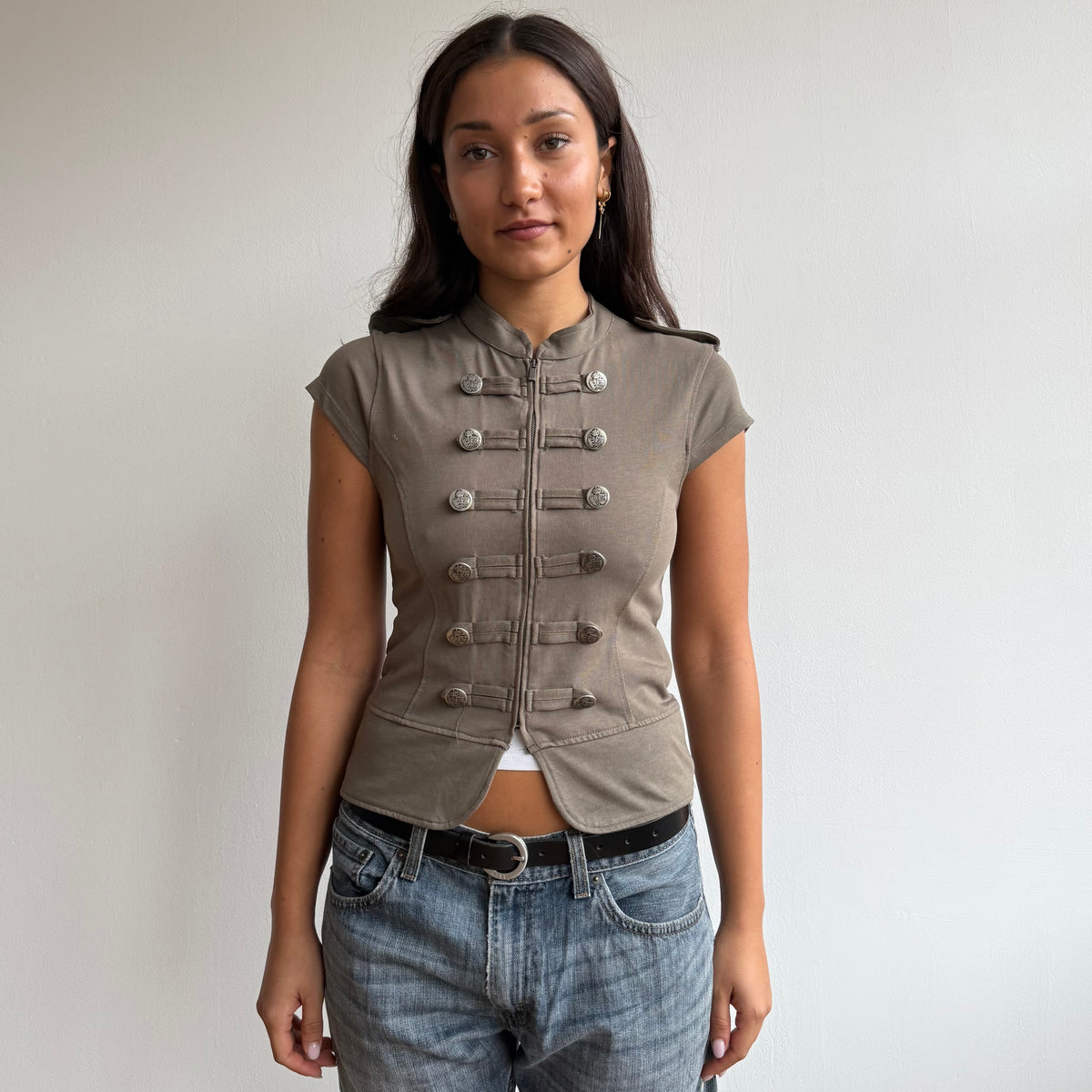 Khaki military zip up jumper - Size S