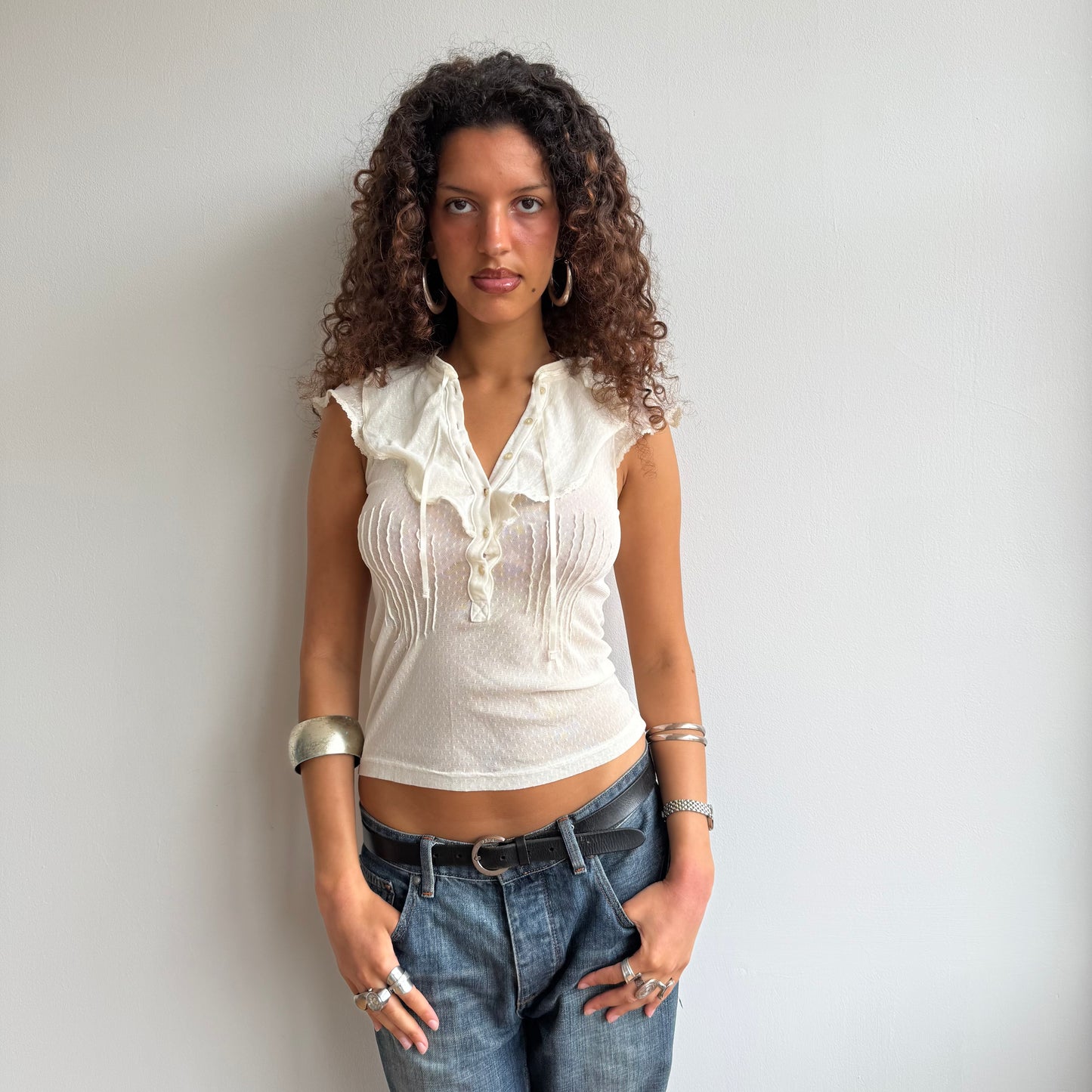 Cream polka dot ruffle top - Size S