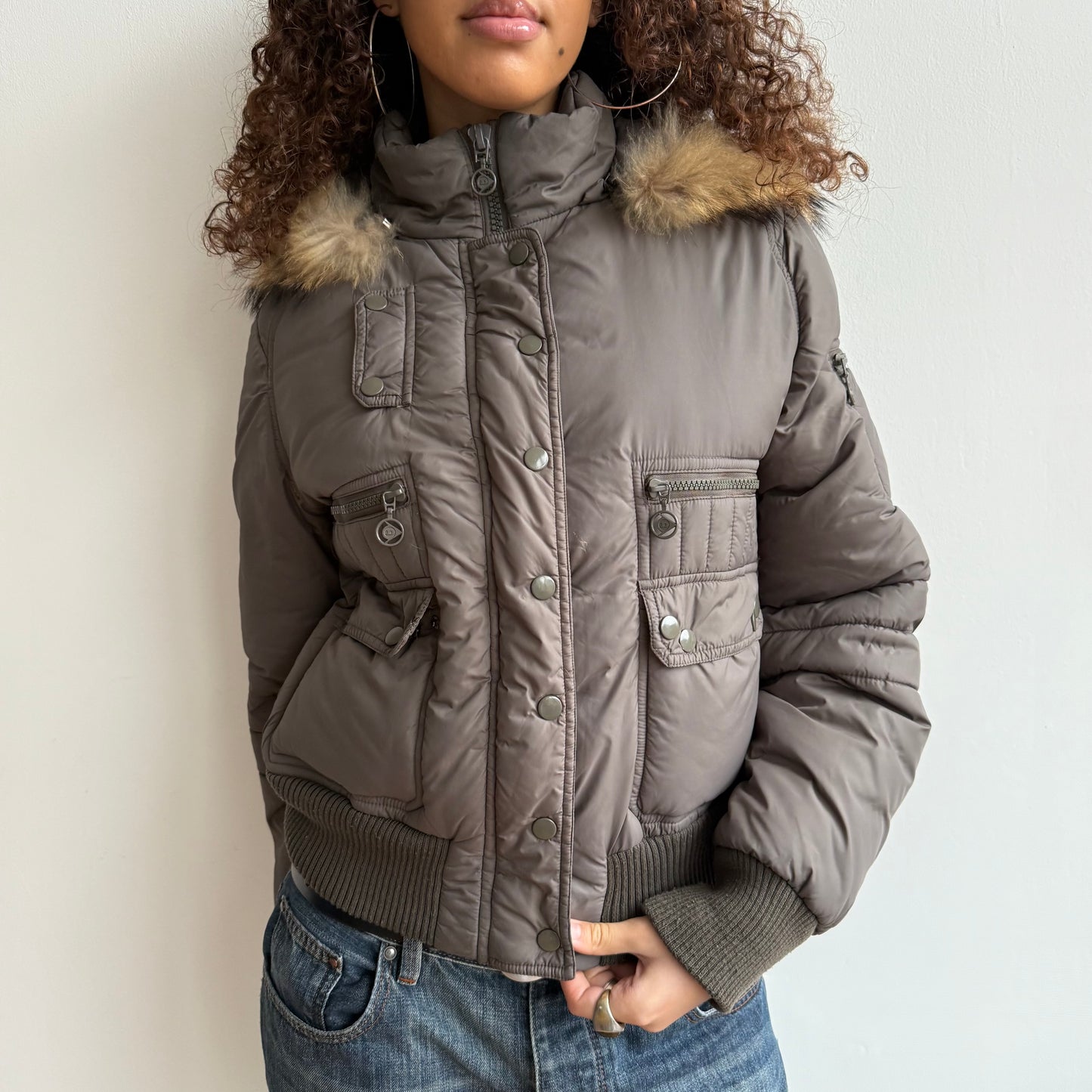 Brown fur trim puffer - Size M