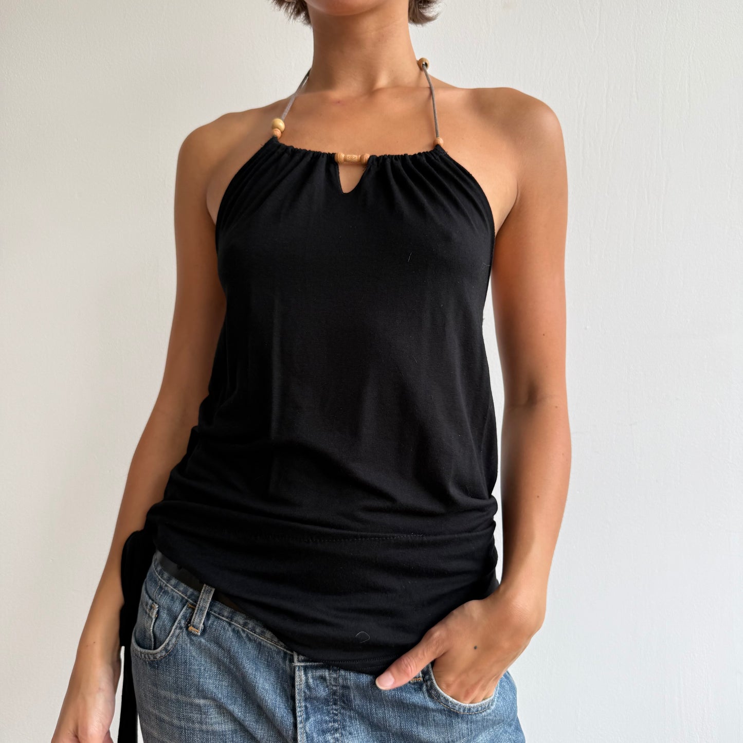 Black bead halter ruffle top - Size S