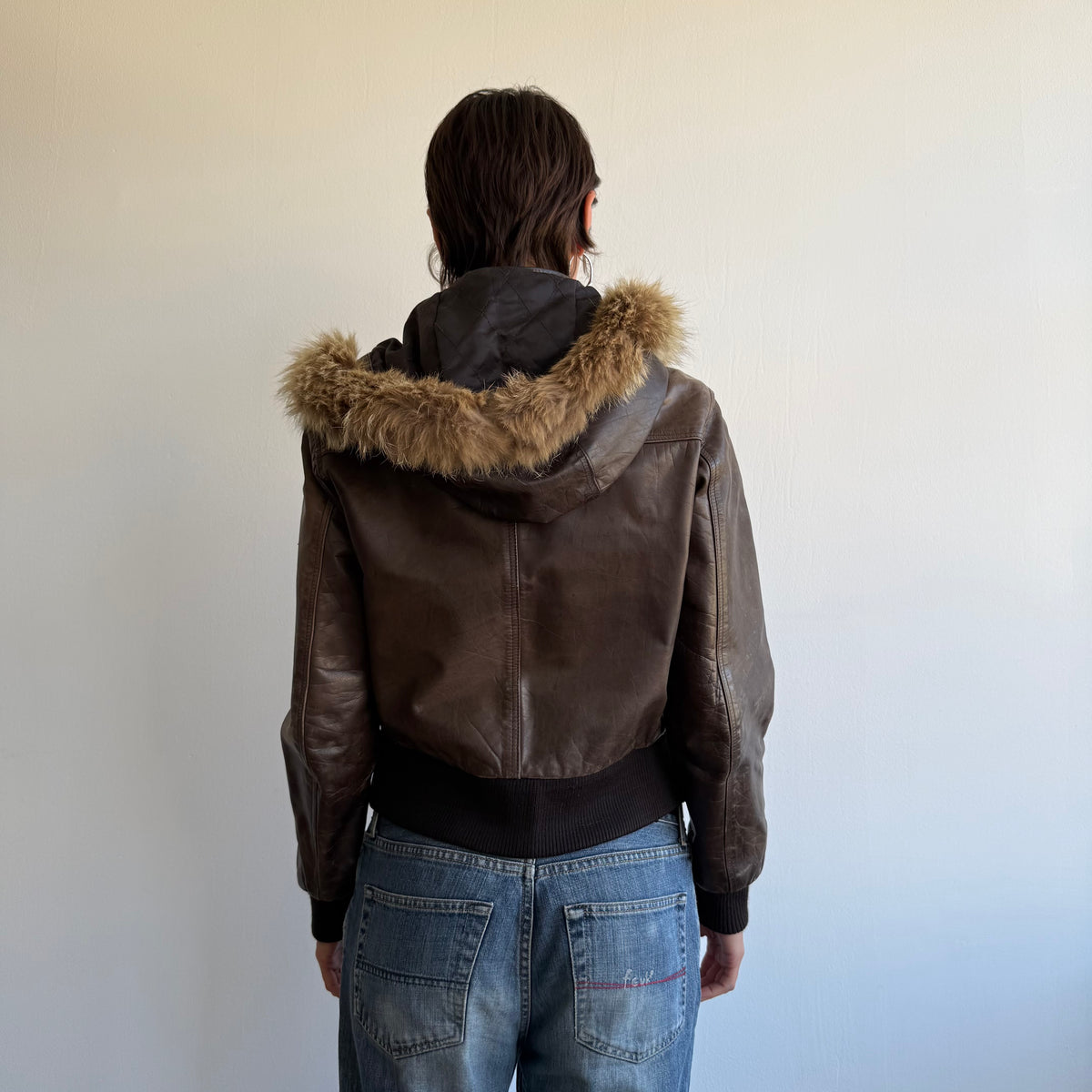 Brown leather fur hood bomber - Size M