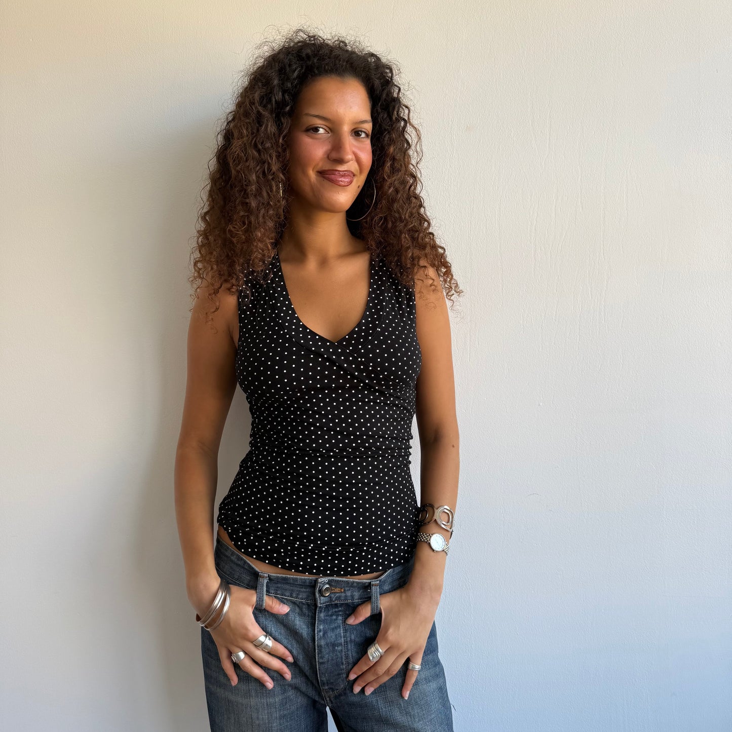 Polka dot tie side wrap top - Size S