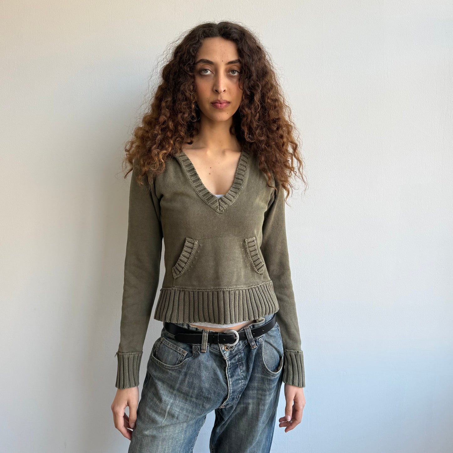 Khaki knitted hoodie - Size S
