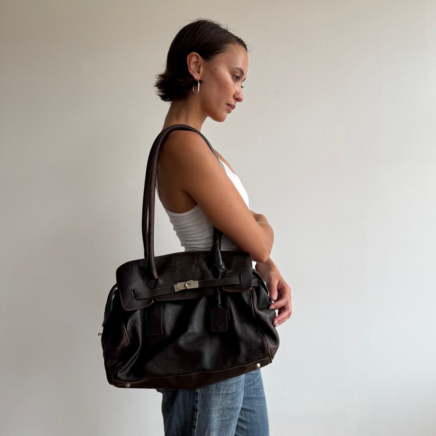 Brown leather firkin bag - One Size