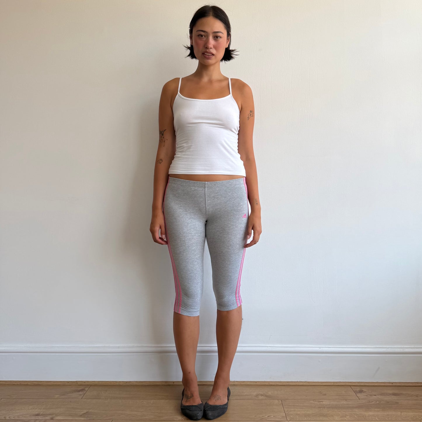 Adidas grey + pink 3 stripe capris - Size XS