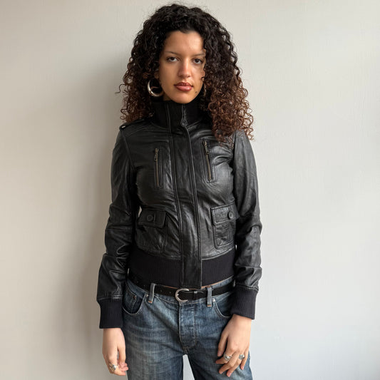 Black leather cargo zip jacket - Size S/M