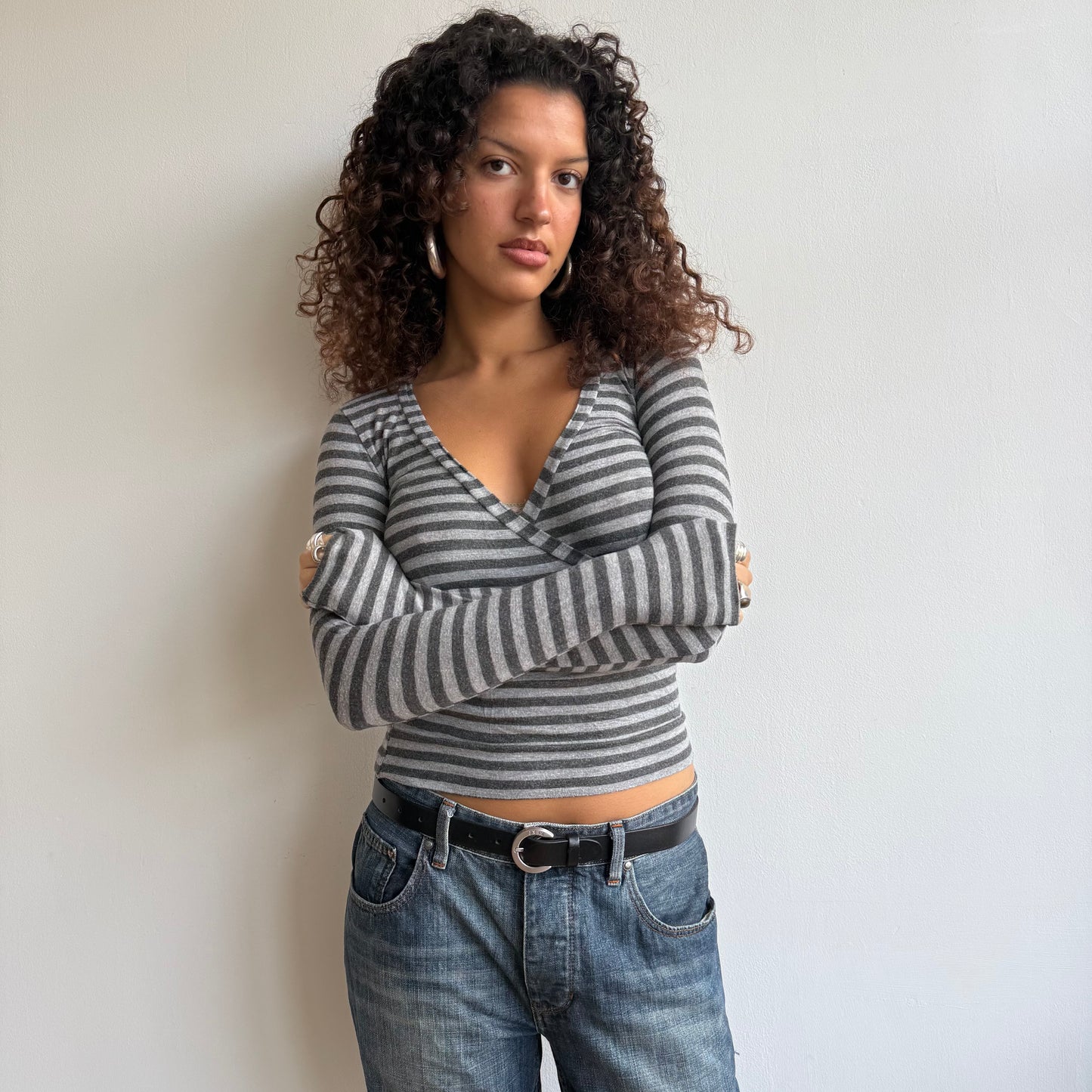 Grey stripe wrap top - Size S