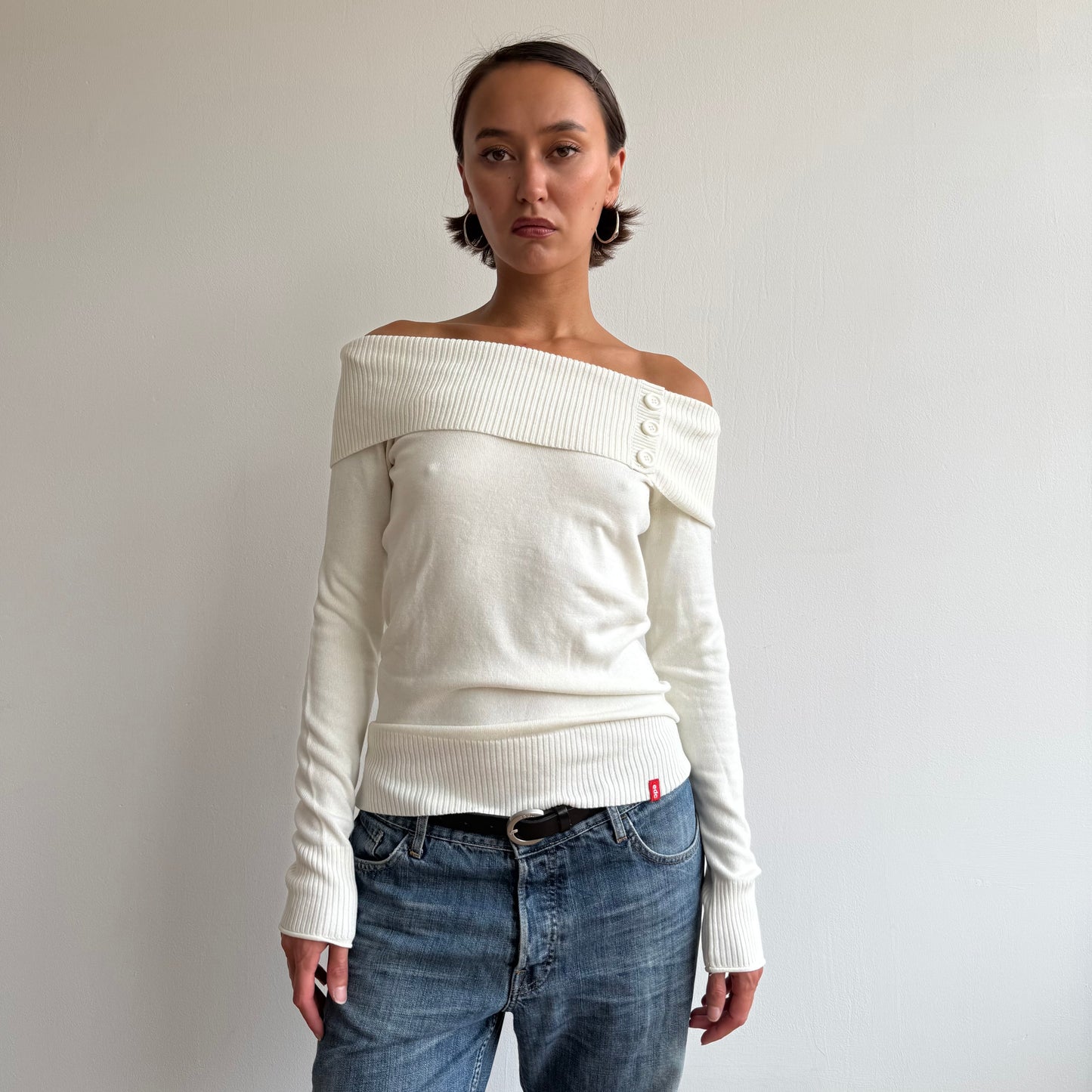 Cream button Bardot knit - Size M