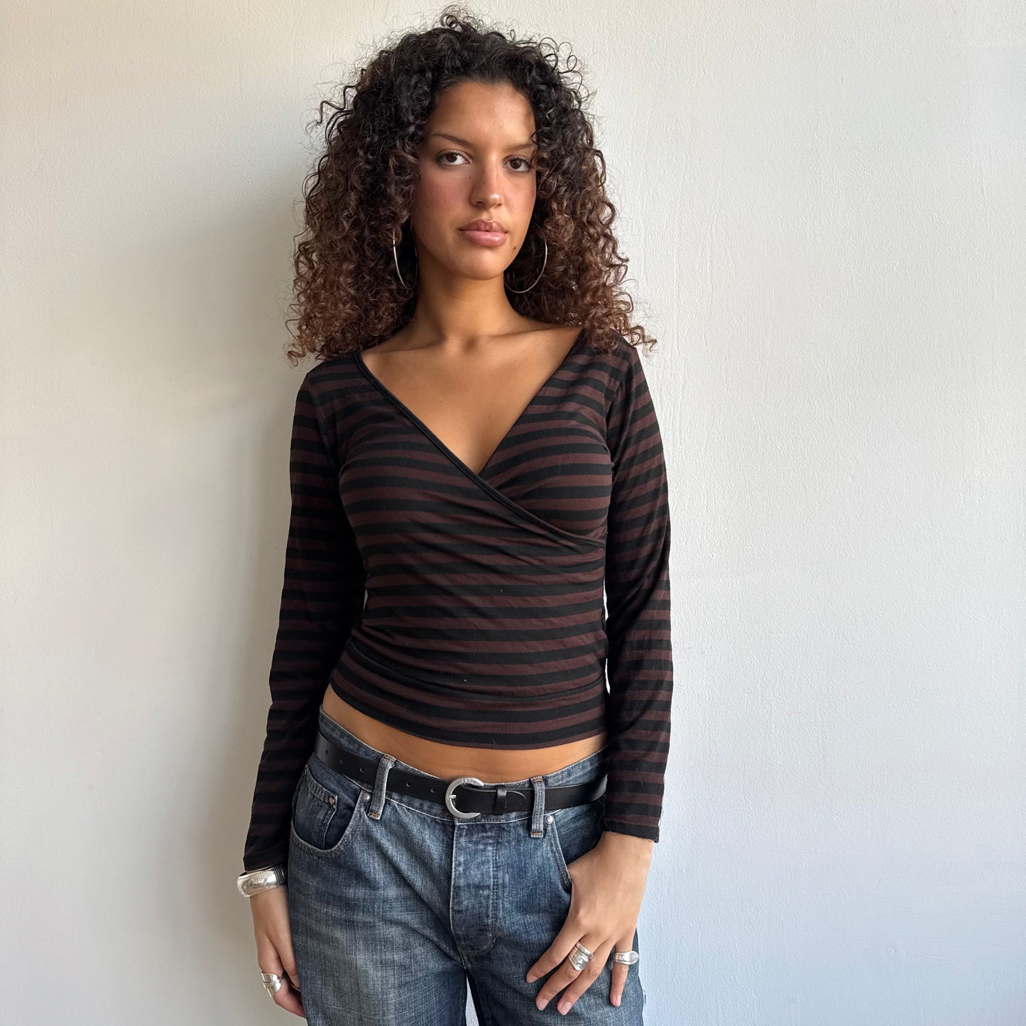 Brown + black striped wrap top - Size S
