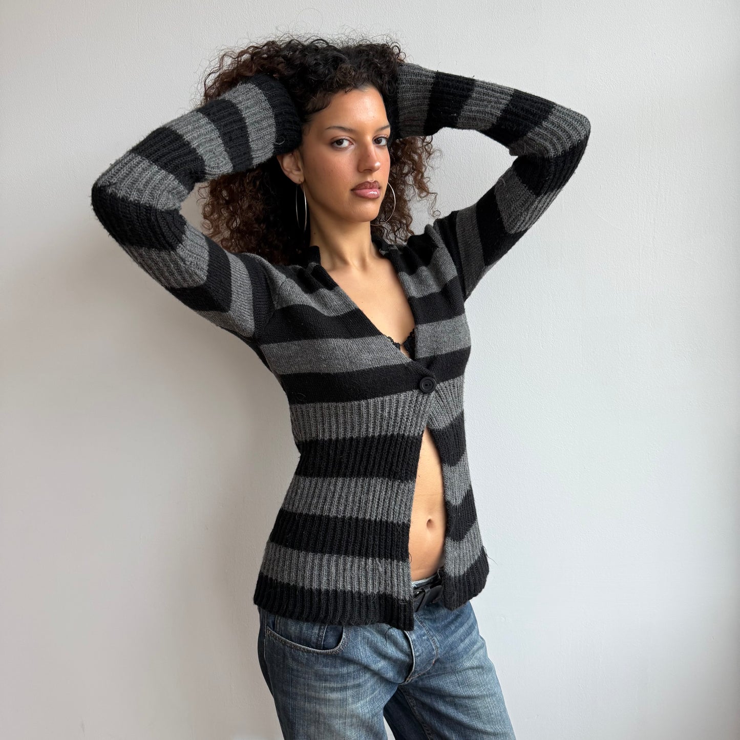Black + grey striped cardi - Size M