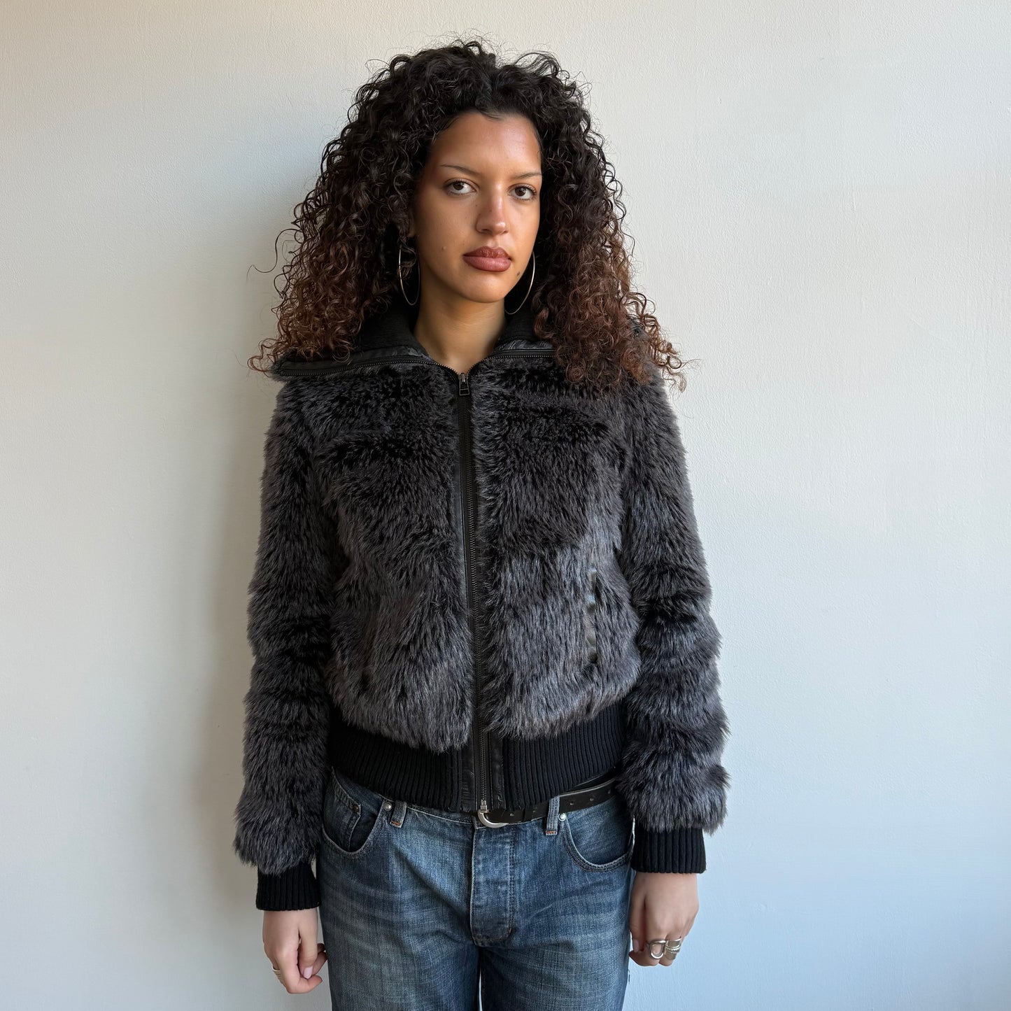 Black fur bomber - Size M