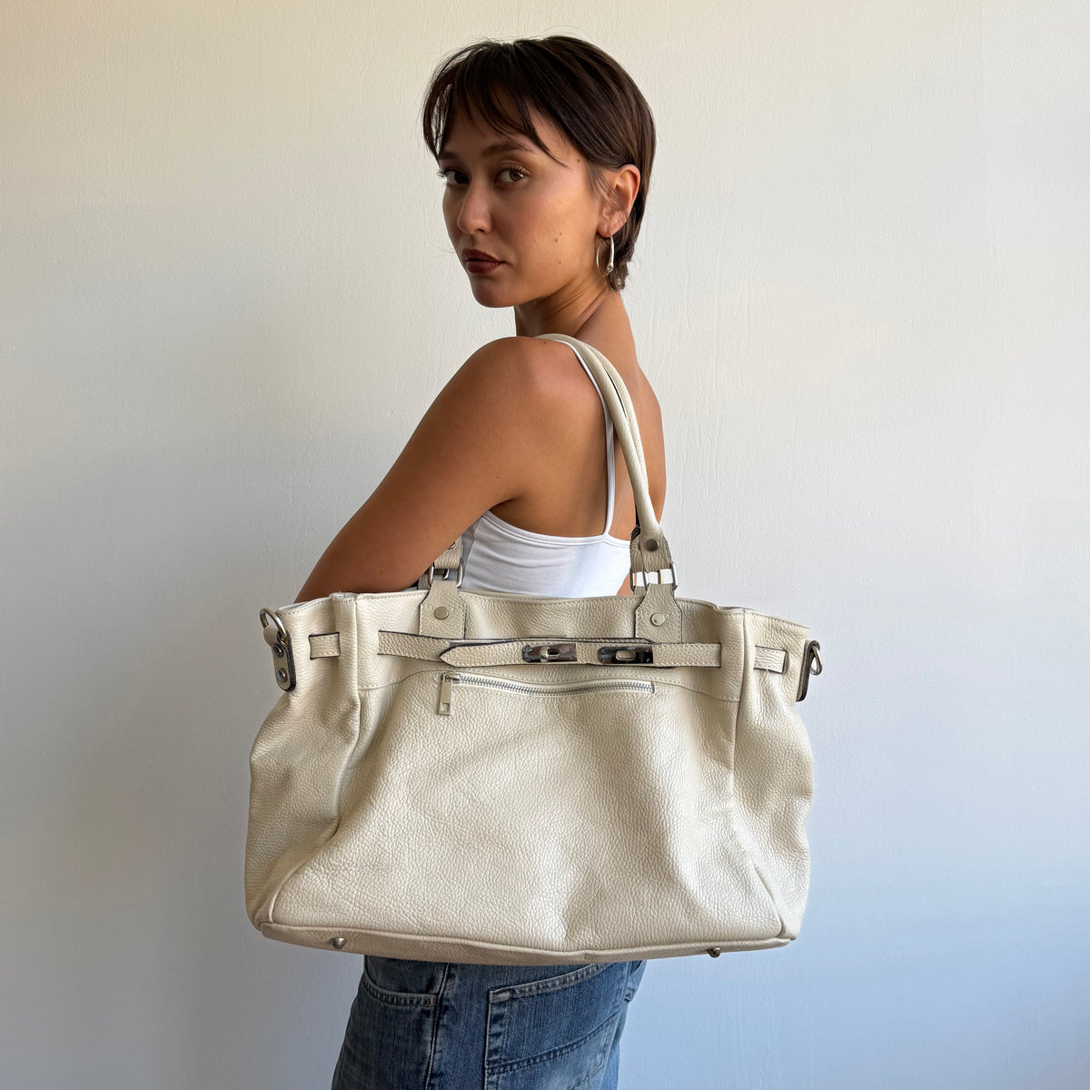 Cream leather firkin bag - One Size