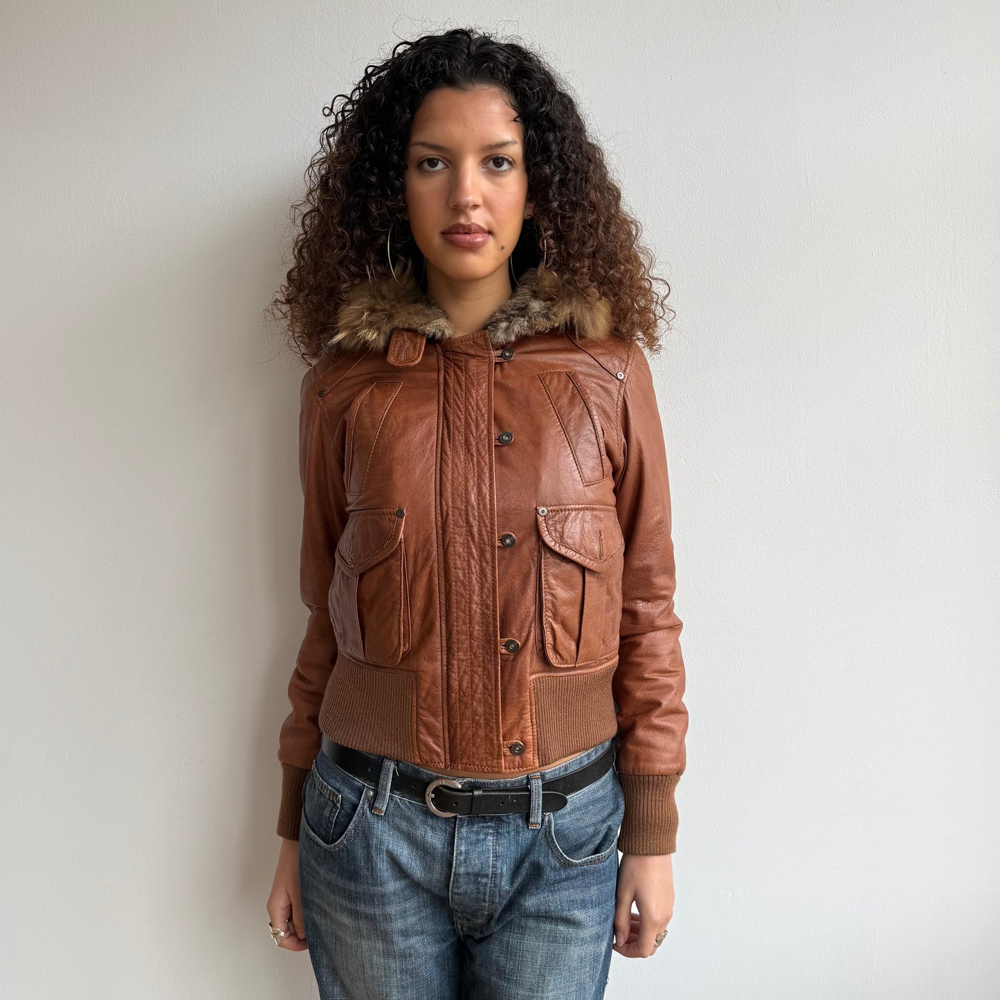 Brown leather real fur bomber - Size M