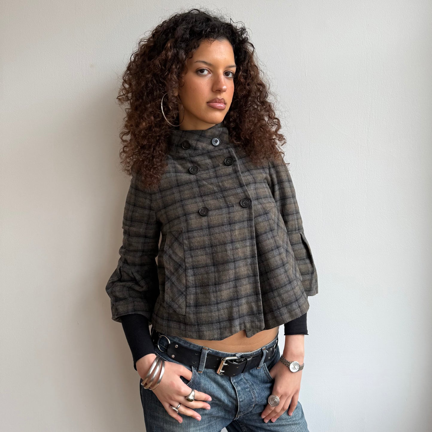 Khaki plaid peacoat - Size S