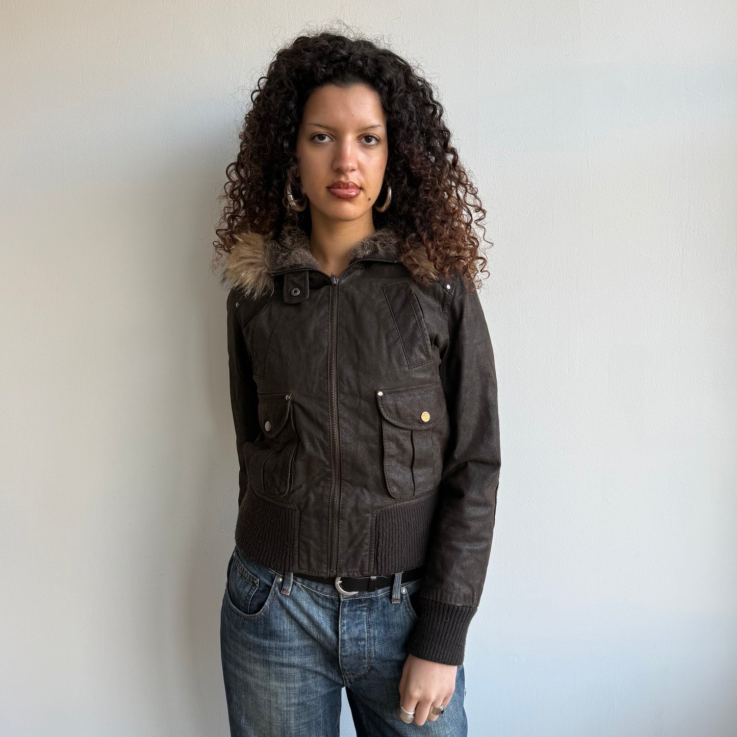 Brown suede fur hood bomber - Size S