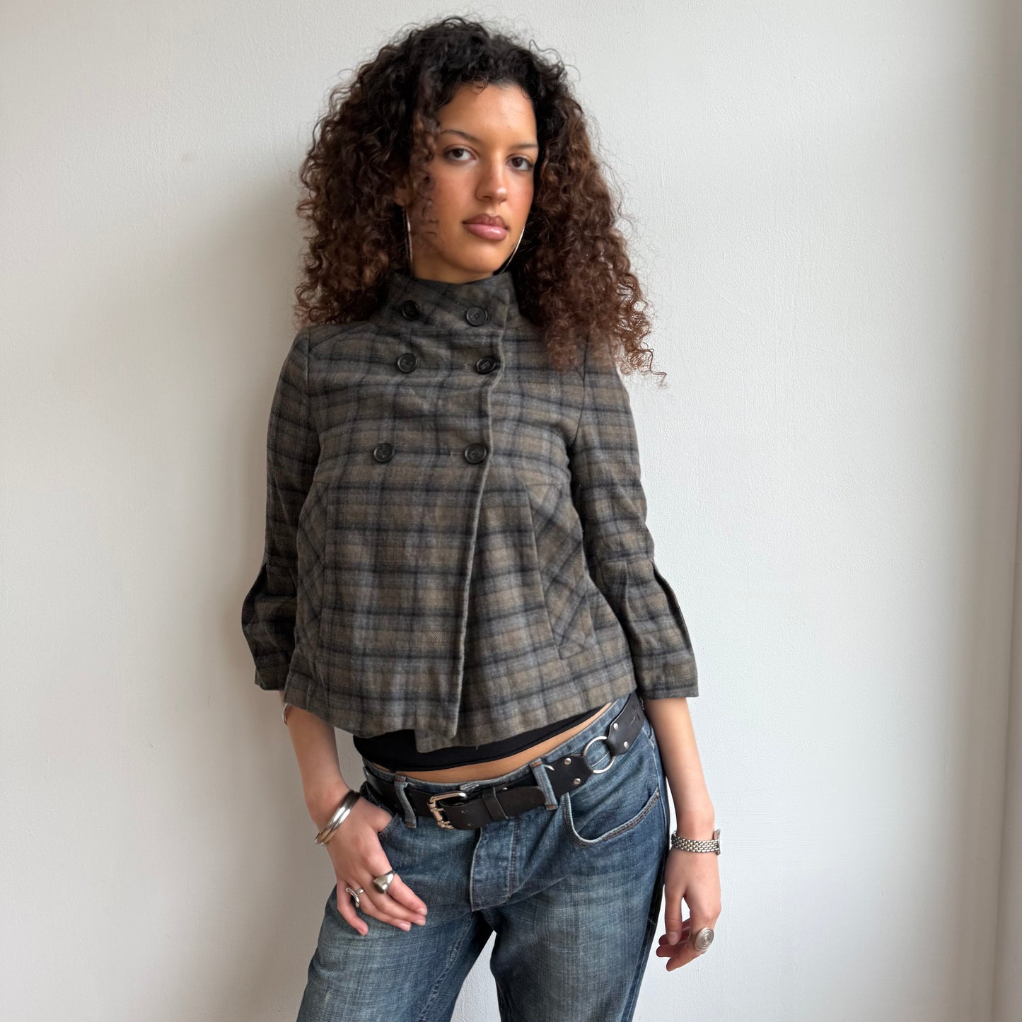 Khaki plaid peacoat - Size S