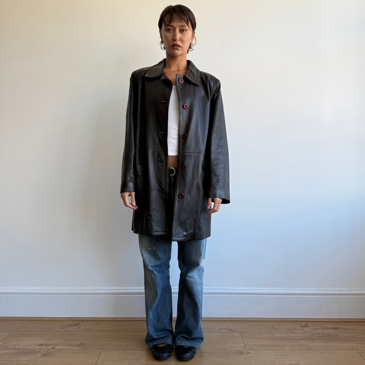 Brown leather mid length coat - Size L