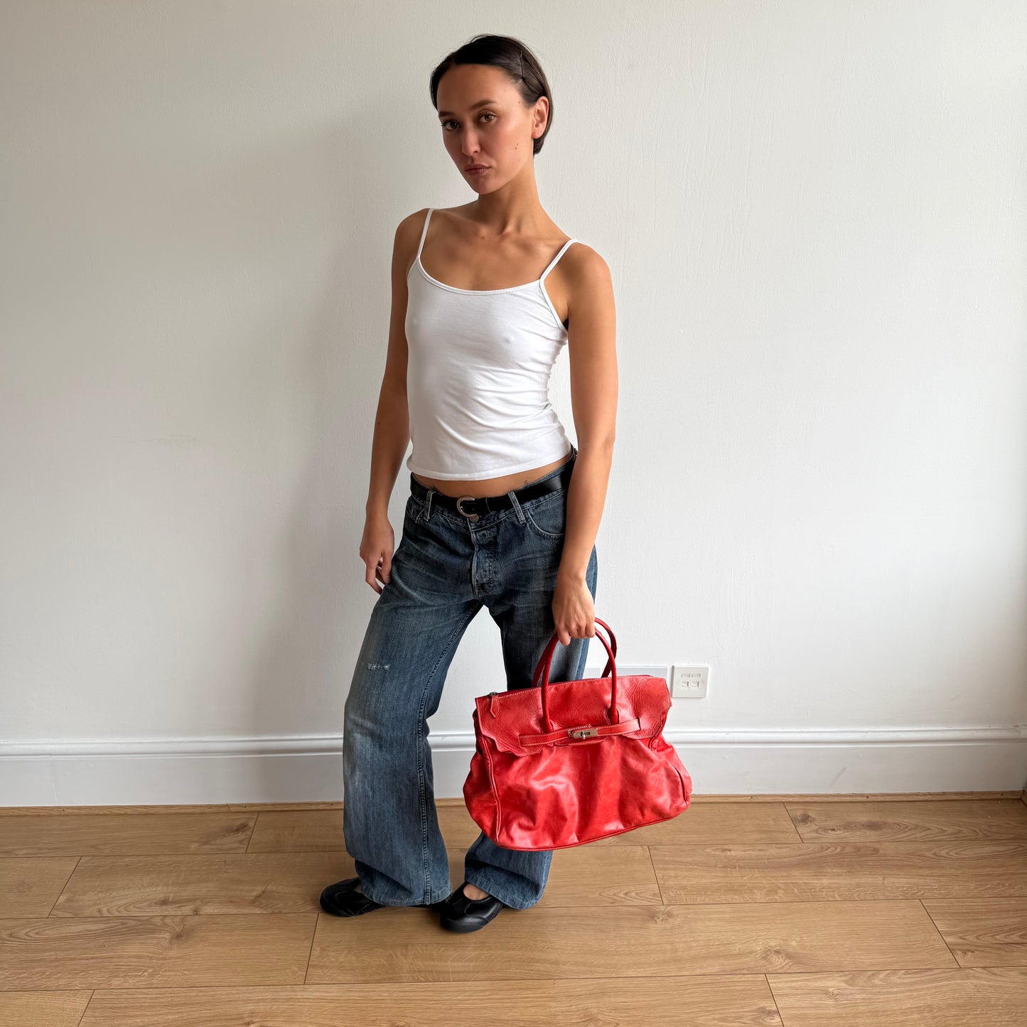 Red leather ‘firkin’ bag - One Size