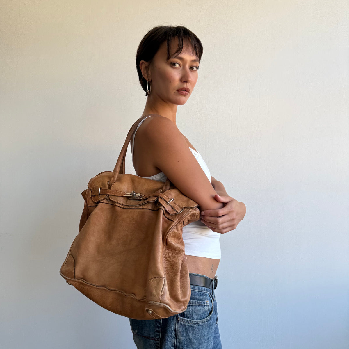 Peach leather firkin bag - One Size