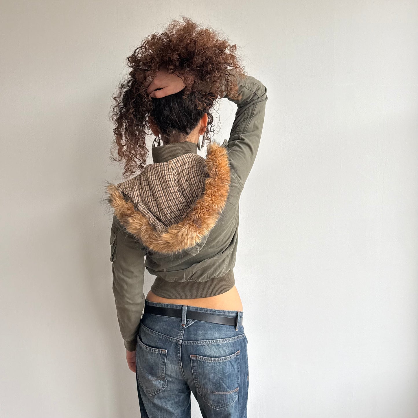 Khaki bomber with faux fur hood - Size S/M