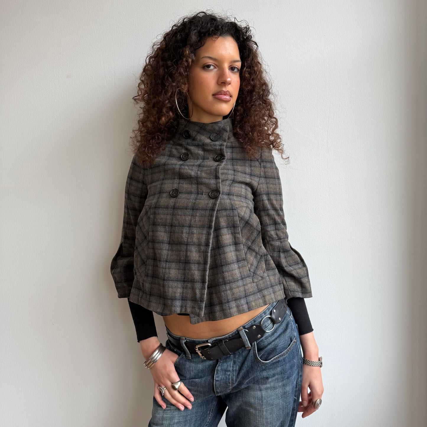 Khaki plaid peacoat - Size S