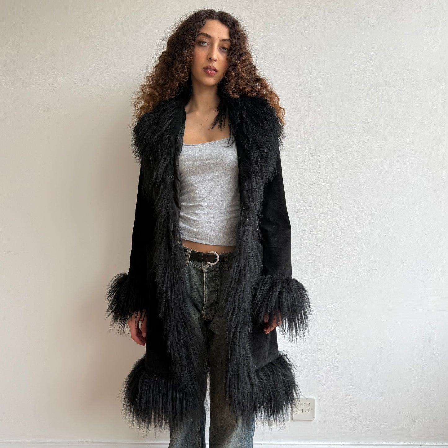 Black leather Afghan coat - Size M