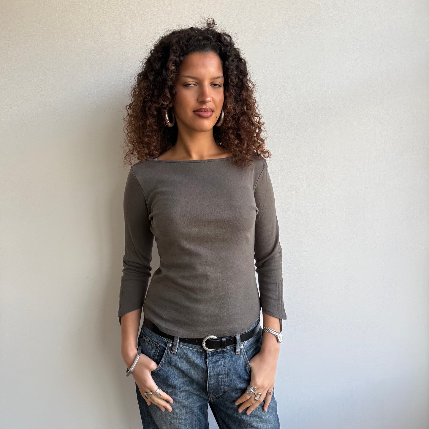 Khaki 3/4 sleeve ruched top - Size M