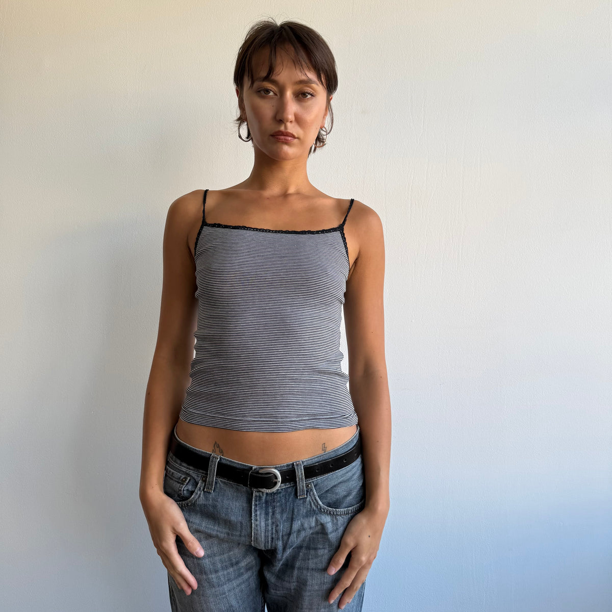 Black + grey striped cami - Size S