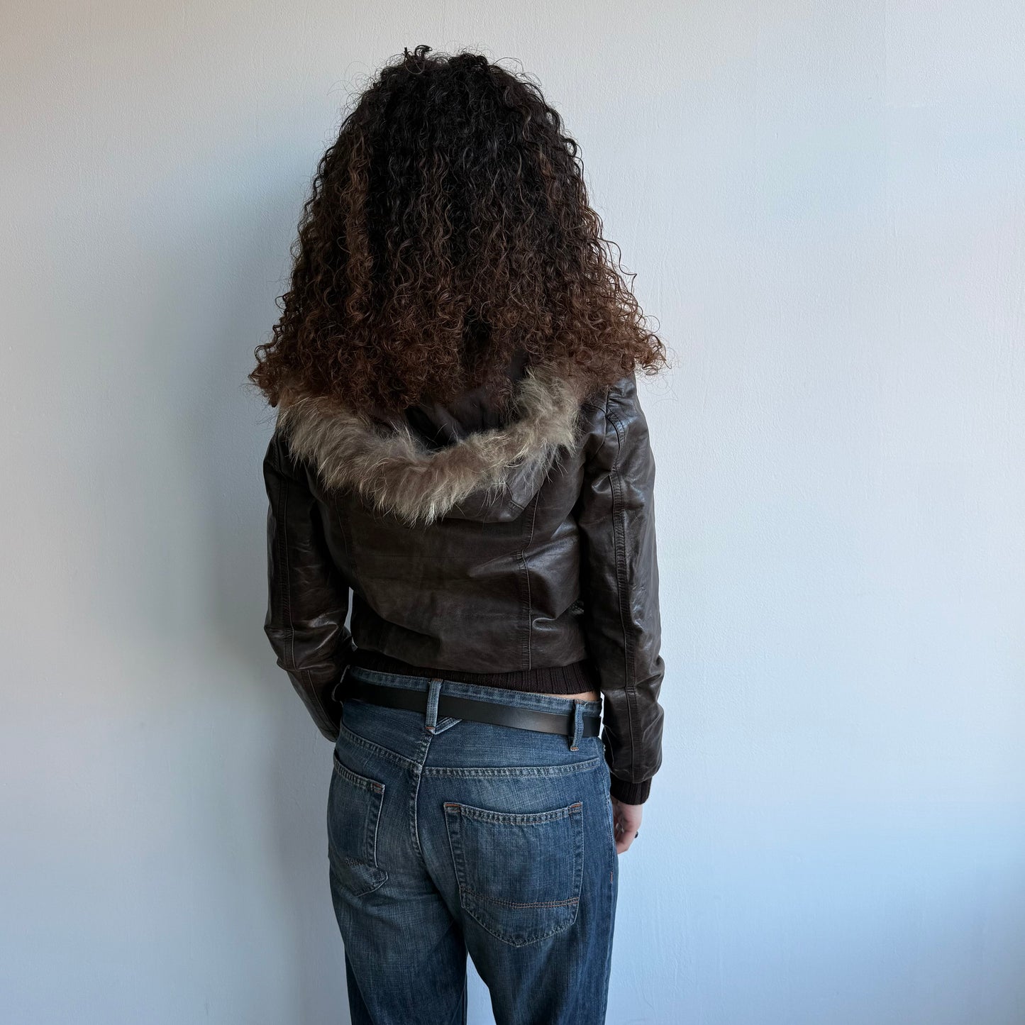 Brown leather fur hood jacket - Size M