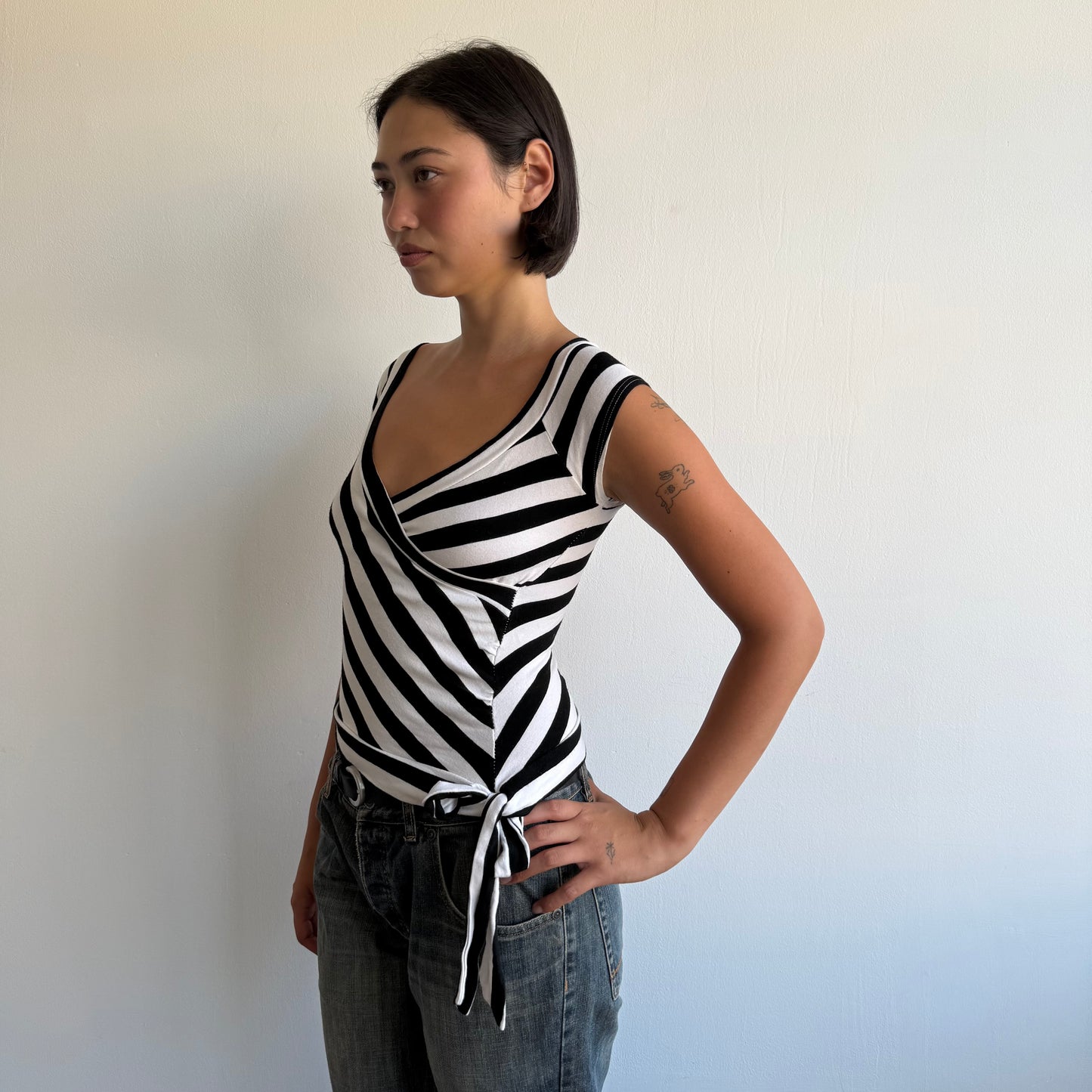 Black + white ballet wrap top - Size S