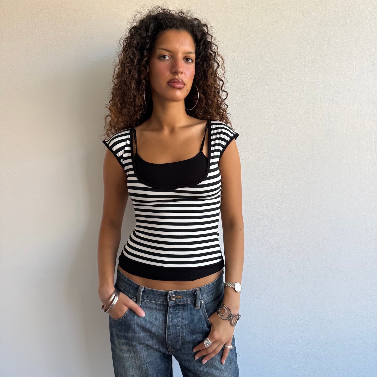 Black + white striped bardot top - Size S