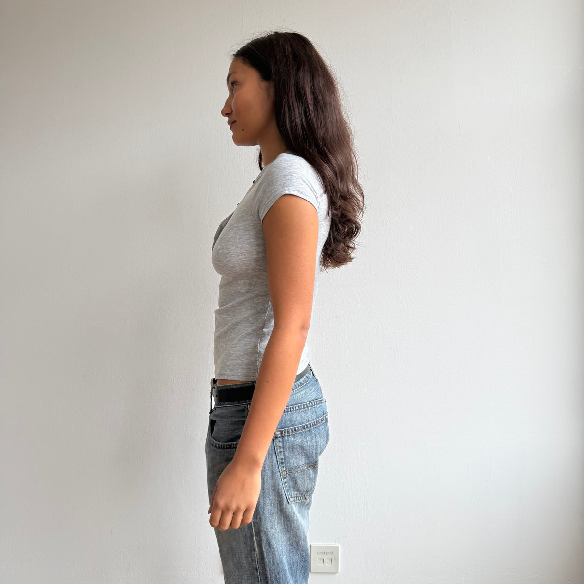 Grey popper short sleeve top - Size S
