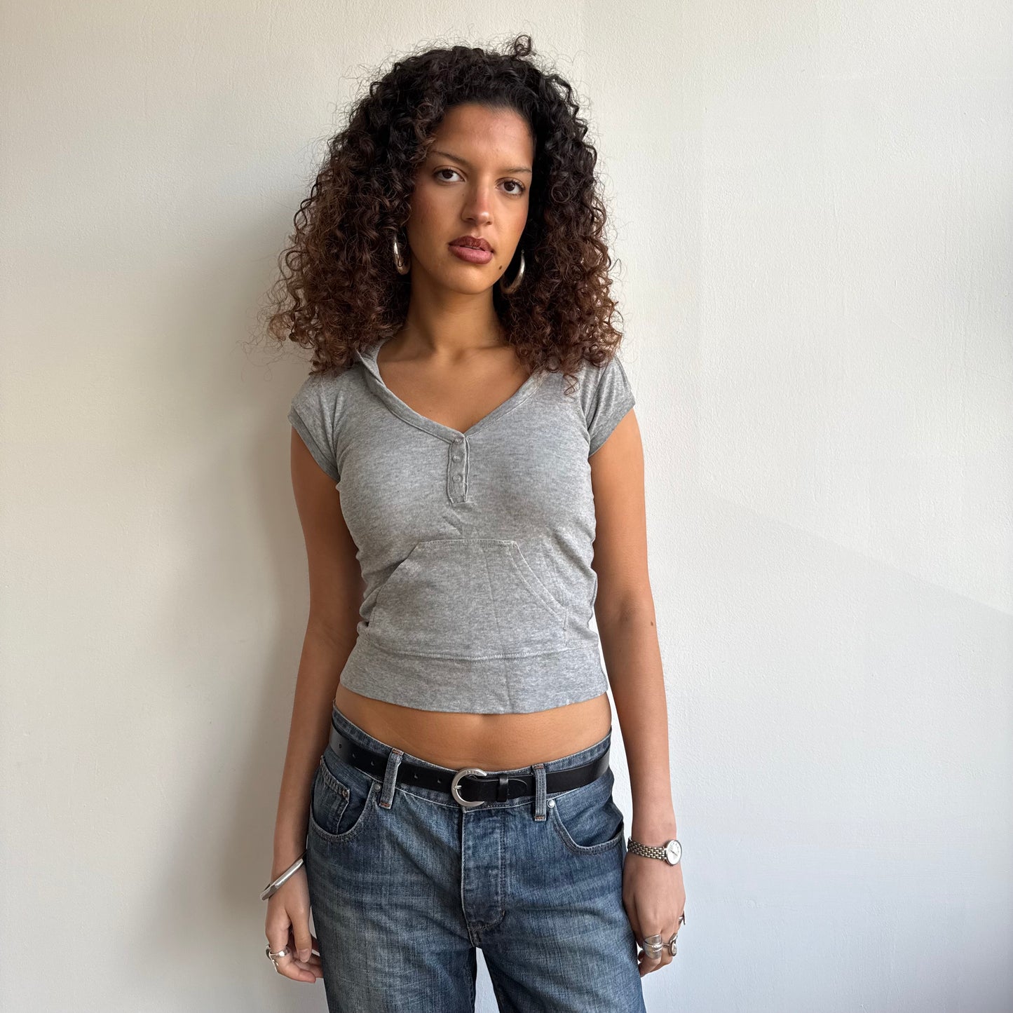 Grey short sleeve hooded top - Size XS