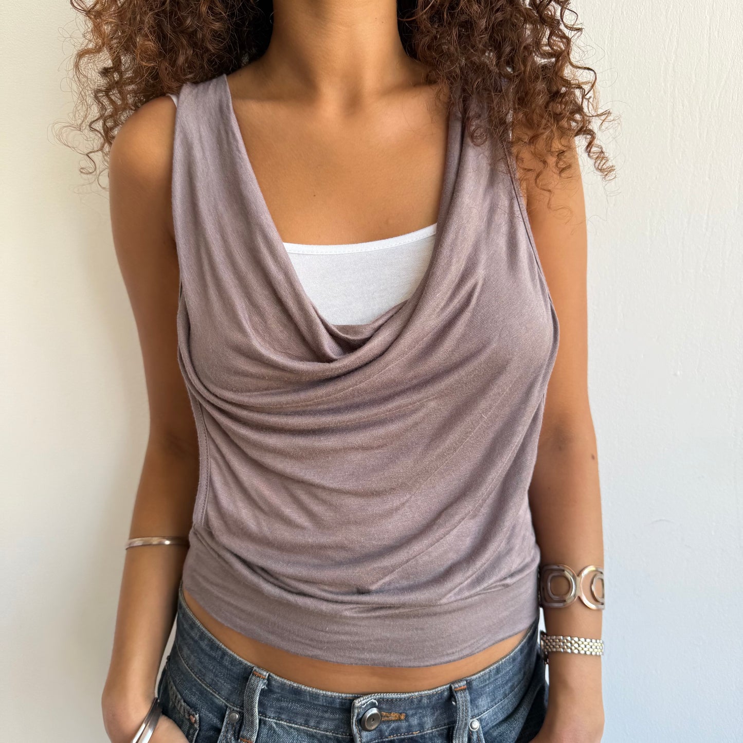 Taupe + white double layer top - Size S
