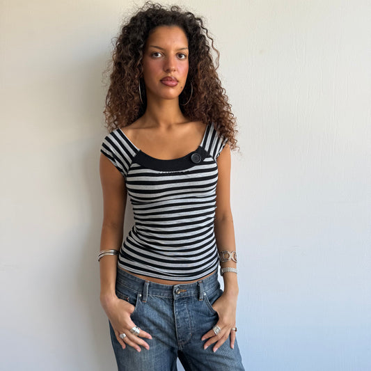 Grey stripe button top - Size S