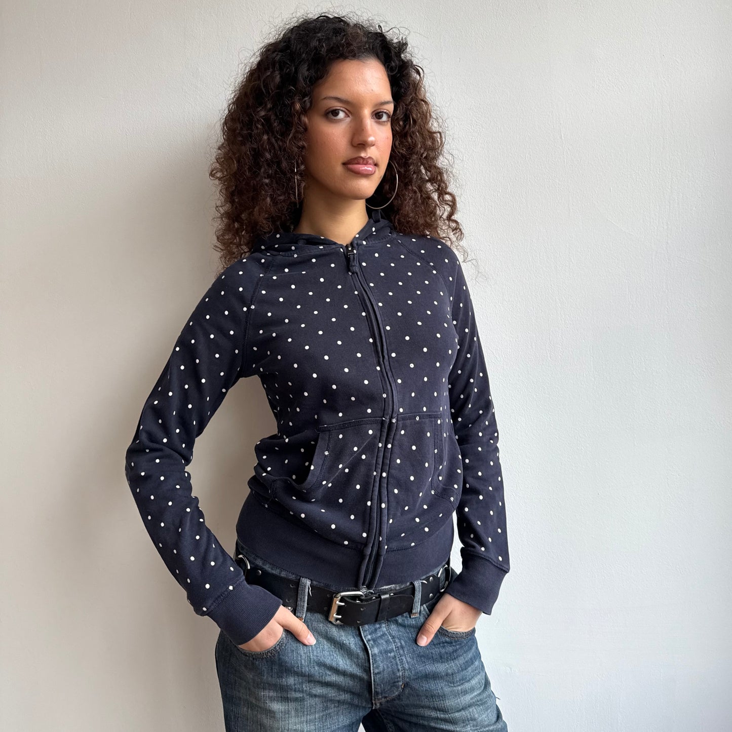 Navy polka dot hoodie - Size S