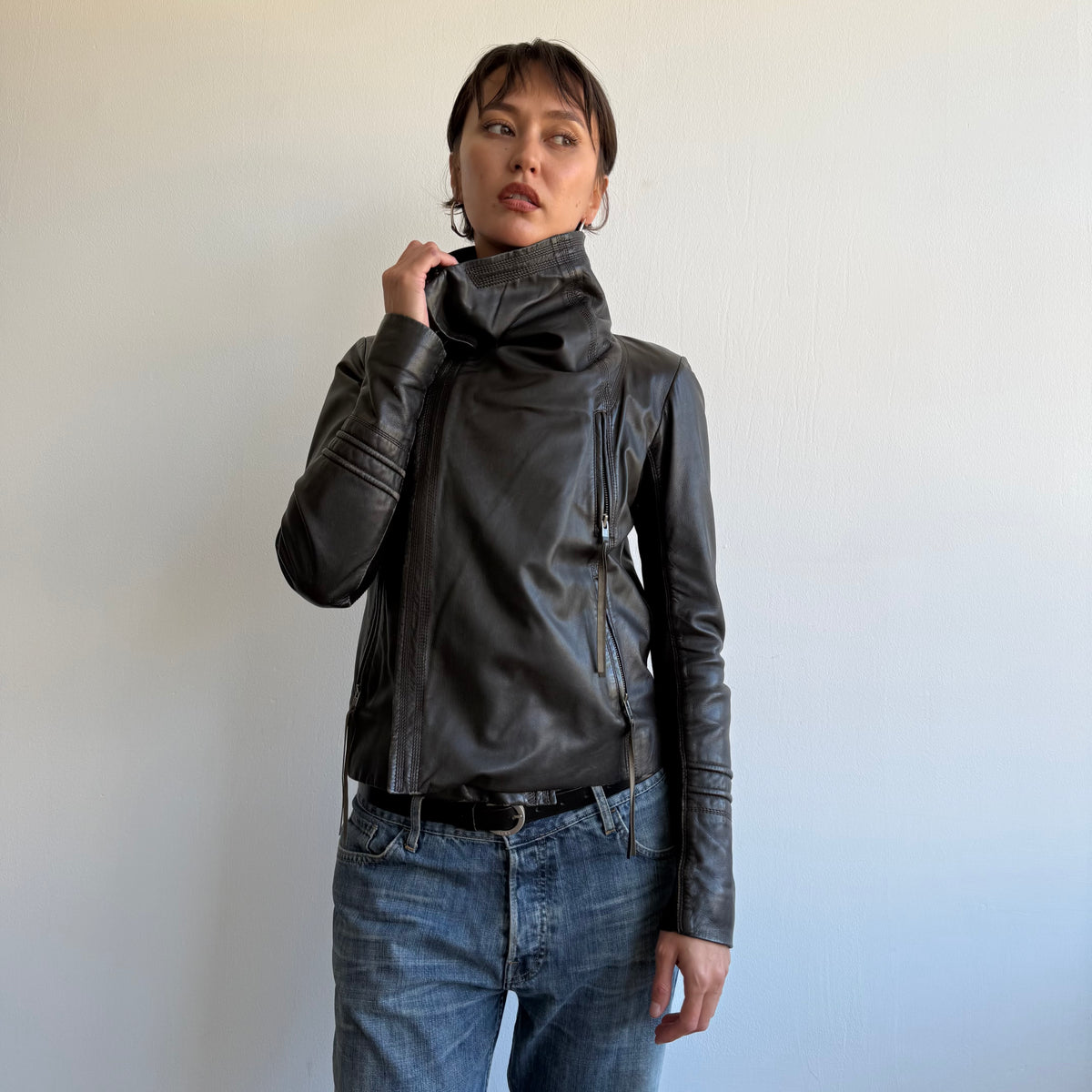 Brown leather funnel neck jacket - Size S