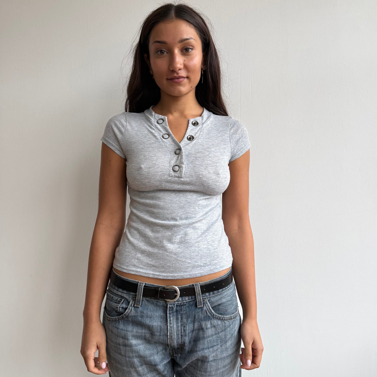 Grey popper short sleeve top - Size S
