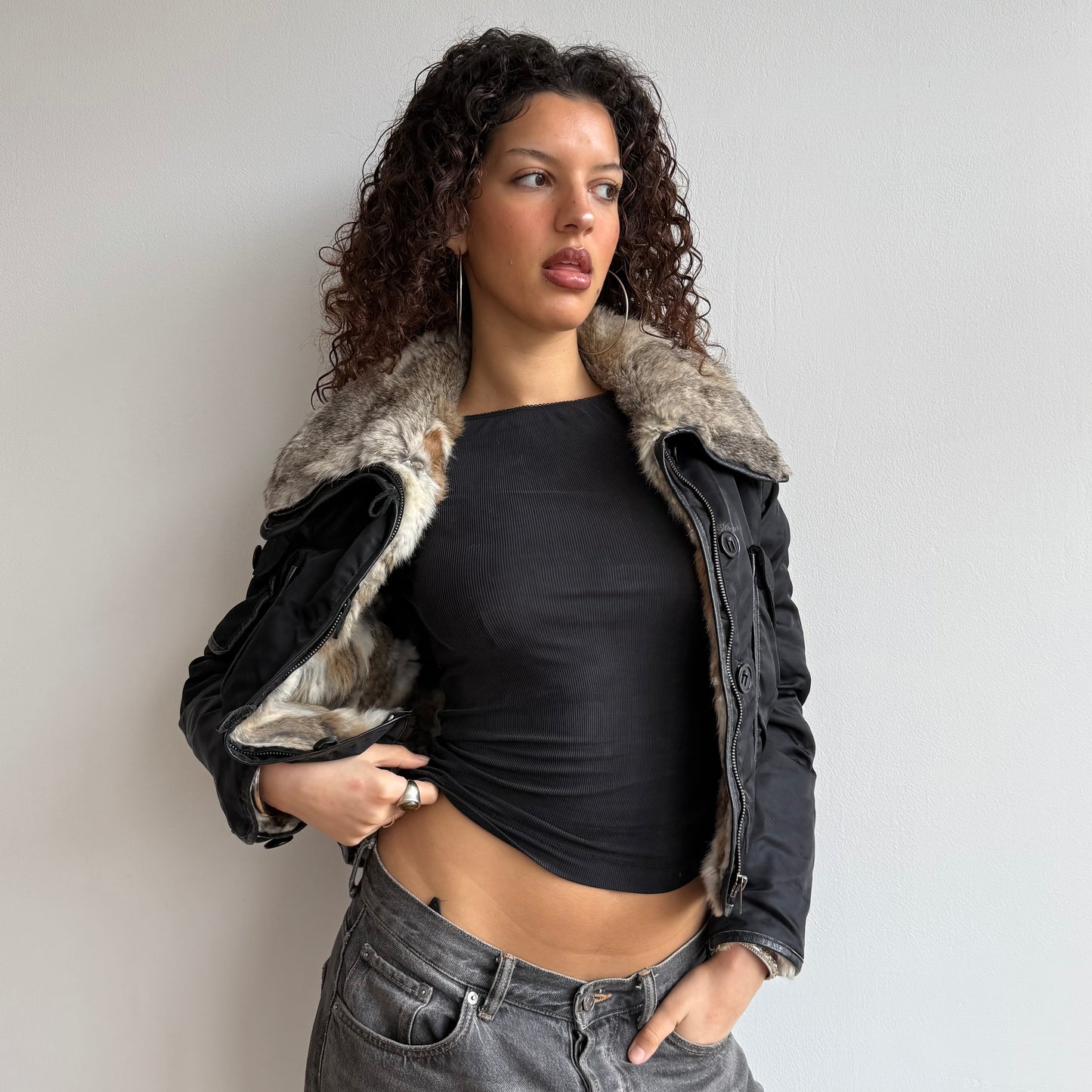 Black rabbit fur bomber - Size S