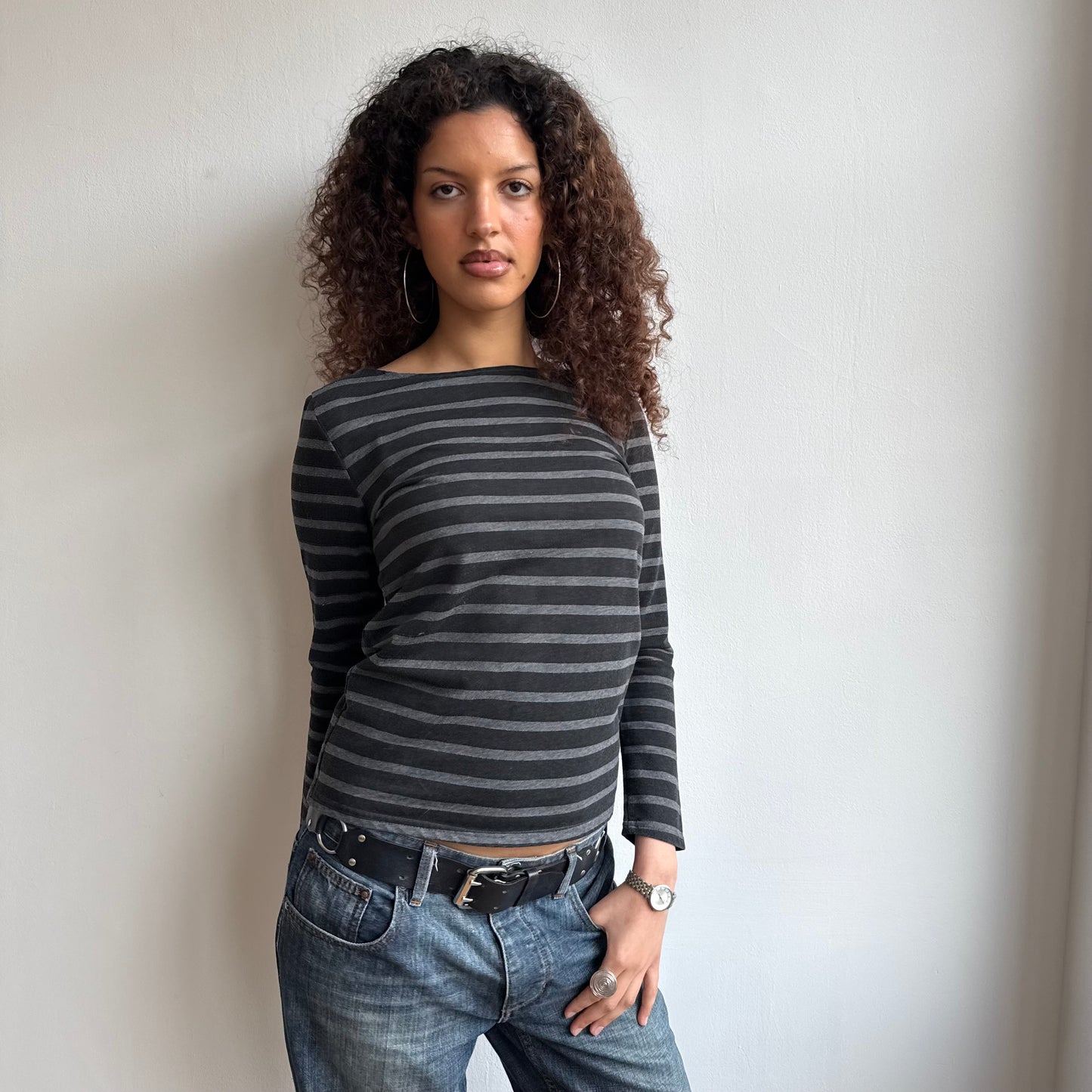 Black + grey striped long sleeve - Size S